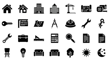 Real estate property icons set with house, location, price, mortgage, and sale vector illustration
