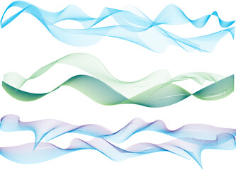 Fototapeta premium Abstract flowing wave ribbons in blue and green tones on white background. Soft transparent curves creating smooth motion and airy feel, suitable for modern backgrounds, corporate design, healthcare.