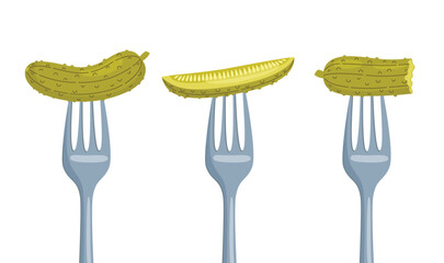 Pickles on a fork. Pickled cucumber appetizer. Fermented vegetables. Food vector illustration isolated on white background.