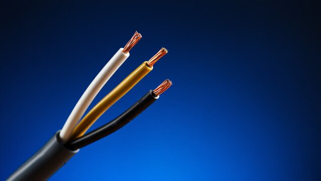 Three individual electrical wires &ndash; white, yellow, and black &ndash; are stripped and ready for connection, symbolizing fundamental electrical wiring and the principles of power distribution, against a