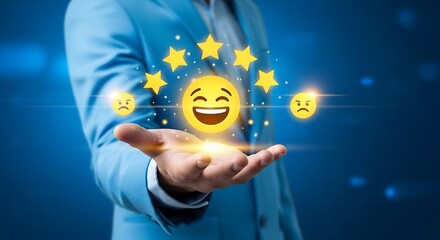 Businessman showing five star rating with happy emoji face for customer satisfaction and positive service feedback.
