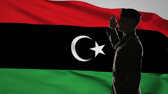 Libyan soldier saluting the national flag with pride and honor