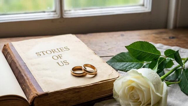 A book with a white rose and two wedding rings on top of it. The book is titled Stories of Us