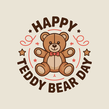 Cute brown teddy bear with red bow celebrating Teddy Bear Day surrounded by stars and text