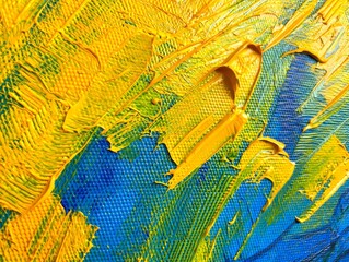Close-Up of Impasto Painting with Yellow and Blue Oil Paint
