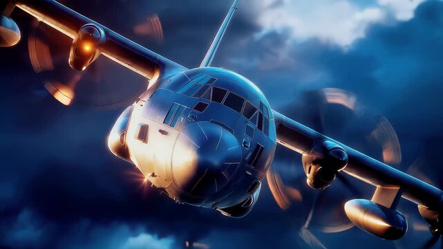 Cinematic military cargo aircraft flying at night with bright flares and dramatic lighting, tactical aviation and defense mission concept