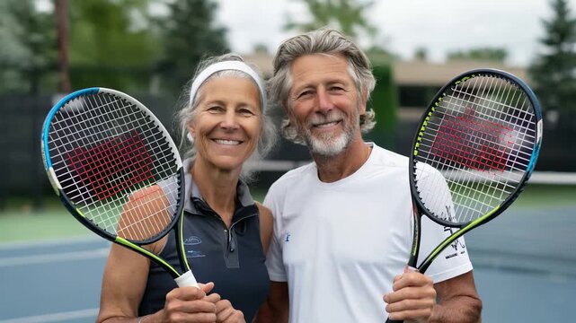 Active senior couple enjoying tennis game outdoors. Healthy retired players holding rackets on court. Smiling mature athletes in sportswear. Fit elderly pair staying active through sports.
