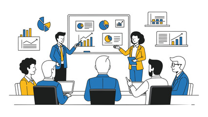 Business team presenting data analysis in meeting room with charts and graphs on screen