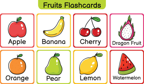 Printable fruits flashcards for kids set. Study and learning fruits. Education game