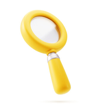 Yellow magnifier, magnifying glass with handle. Discovery, research, search, analysis concept. 3d vector icon. 