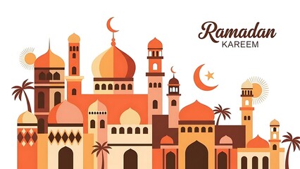 Fototapeta premium Ramadan Kareem Islamic Mosque City Illustration with Crescent Moon and Minarets