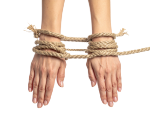 Hands Tied with Twisted Rope Symbolizing Restraint and Vulnerability Against Transparent Background