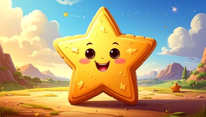 Whimsical Star Character in a Dreamy Landscape Illustration.
