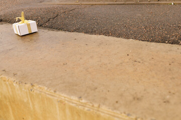 A small wrapped package sits on a concrete ledge near a road. It is daytime and clear