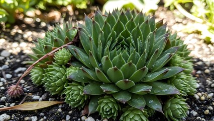 Fototapeta premium Close‑up of a hardy sempervivum succulent growing in gritty garden soil, forming a tight rosette of fleshy green leaves with subtle reddish tips surrounded by offsets, illustrating resilient drought‑t