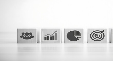 Set of wooden blocks with business icons for data visualization, target achievement, and team collaboration