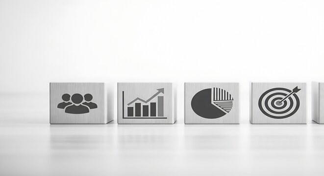 Set of wooden blocks with business icons for data visualization, target achievement, and team collaboration - Powered by Adobe