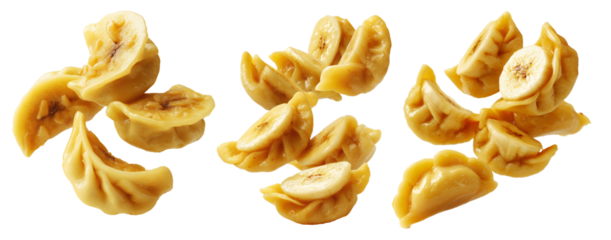 Set of Steamed Banana dumplings with intricate twisted edges, isolated on white background. Concept of Asian cuisine and food art
