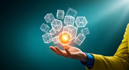 Innovation concept with hand holding a glowing core surrounded by digital data cubes and network connections