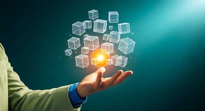 Advanced technology concept of data management and digital infrastructure with glowing sphere and floating cubes - Powered by Adobe