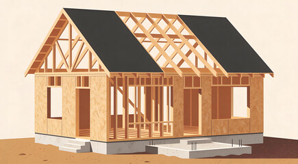 Partially constructed wooden house with visible framing, concrete foundation, and roof in progress. Ideal for construction, architecture, or real estate visuals