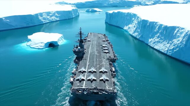 A 4K aerial view of a massive aircraft carrier, with jets on its deck, navigating a narrow channel between icebergs, showcasing military power projection in the challenging Arctic environment.