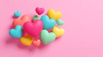 Obraz premium Colorful 3D hearts on a vibrant pink background, symbolizing love and joy.
