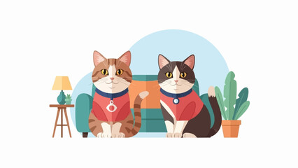 Fototapeta premium Two cats wearing red sweaters sit on a sofa with plants