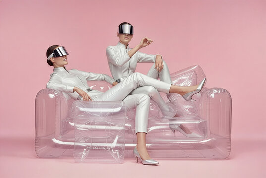 Avant-garde twins in white space-age suits and chrome visors lounging on clear inflatable furniture