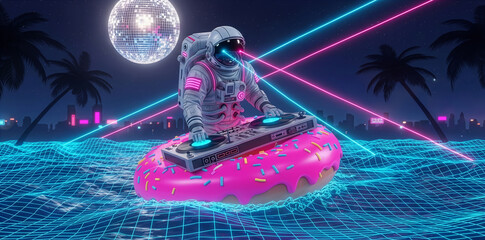 Surreal astronaut dj mixing music on giant pink donut in retrofuturistic neon synthwave ocean