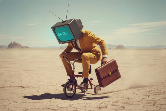 Surreal executive commuting on miniature cycle with buffering text on vintage receiver in barren wasteland