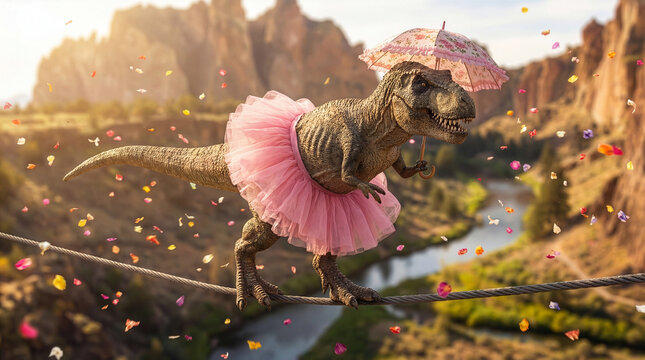 Prehistoric tyrannosaurus maintaining delicate equilibrium on high wire in ballerina attire