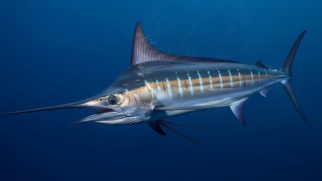A majestic striped marlin swimming gracefully through the deep blue ocean waters, showcasing its sleek body and distinctive features.