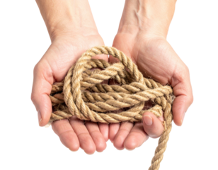 Two Hands Gripping a Thin Woven Rope with Intricate Knots and Loops Held Firmly Together