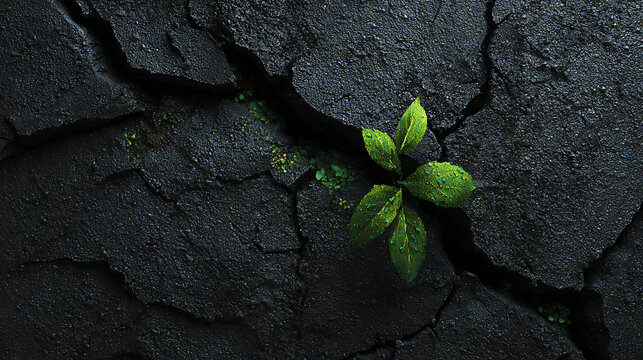 A resilient green sprout with water droplets emerging from a deep fissure in dark, parched earth, symbolizing hope and persistence in a harsh environment.