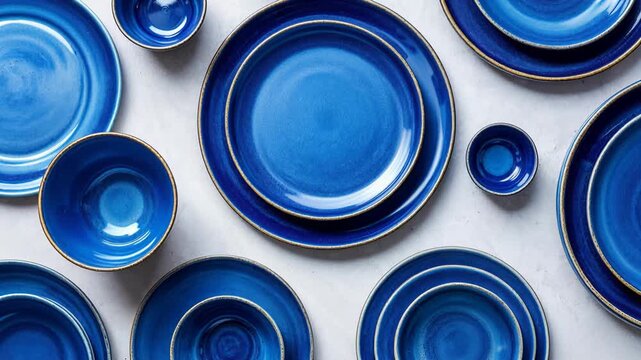 Empty blue ceramic plates and bowls moving slowly on a light gray concrete surface