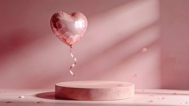Pink heart shaped balloon deflating and falling with petals in a romantic, minimalist scene