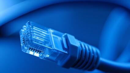 A sharp, close-up view of a blue Ethernet RJ45 connector and cable, set against a blurred blue background. The image serves as a powerful symbol of digital connectivity, networking, and the vast
