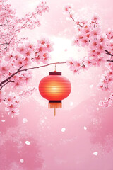 A glowing red traditional lantern hangs gracefully from a cherry blossom branch, surrounded by delicate pink flowers and falling petals
