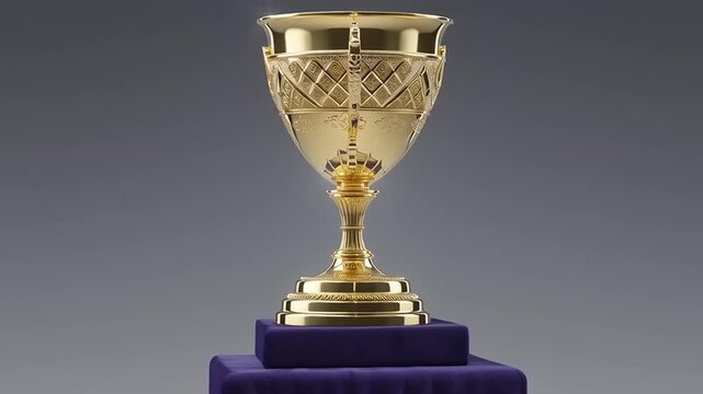 Golden Trophy on Dark Blue Platform.