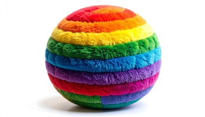 A fluffy, spherical object. The texture is soft, with horizontal bands of vibrant rainbow colors. A white background isolates the colorful form