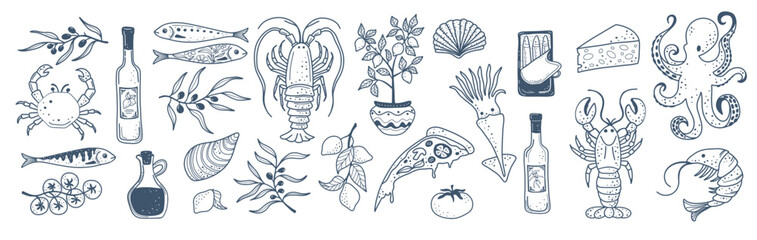 A classic line-drawn illustration set inspired by Italian coastal food culture, including seafood, pizza, herbs, citrus and kitchen essentials. © Elena