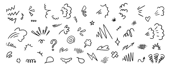 Vintage inspired anime emotion effect elements with sketchy lines, arrows and scribbles. Retro cartoon doodle marks for manga, comic emotion, movement and decorative graphic accents. © Elena