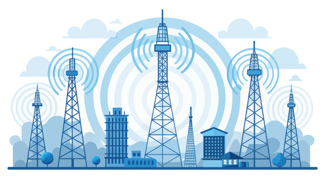 Communication Towers Broadcasting Signals Over City