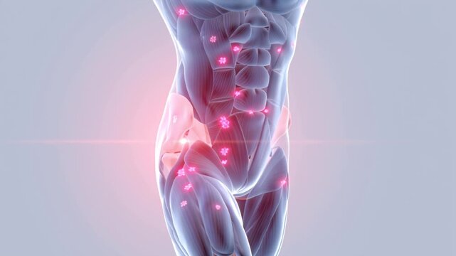 4K medical animation, semi-transparent human body, muscle layer visible, scattered glowing pink trigger points, areas of fibromyalgia pain sensitivity, subtle ripple and pulse effects on trigger point
