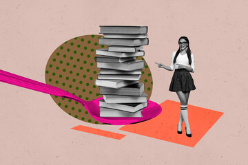 Naklejka premium Pop art full zine photo collage of happy girl guy stand library academic book stack education learner vocabulary encyclopedia spoon