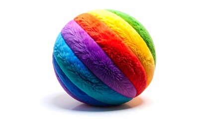 A fluffy, spherical object composed of vibrant, rainbow-colored segments, with a soft, tactile appearance set against a clean white backdrop