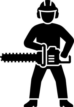 Man woodcutter with chainsaw icon. Worker logger in hard hat and ear protection. Lumberjack job. Glyph style for forestry industry, safety concept. Vector illustration