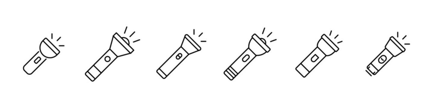 Flashlight outline icon set. Line flash light lantern icons collection. Portable electric torch lamp symbols.