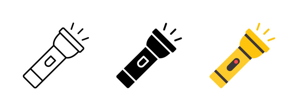 Flashlight icon. Modern portable torch with power button sign. Electric lighting device illustration for emergency, inspection or night work concepts.